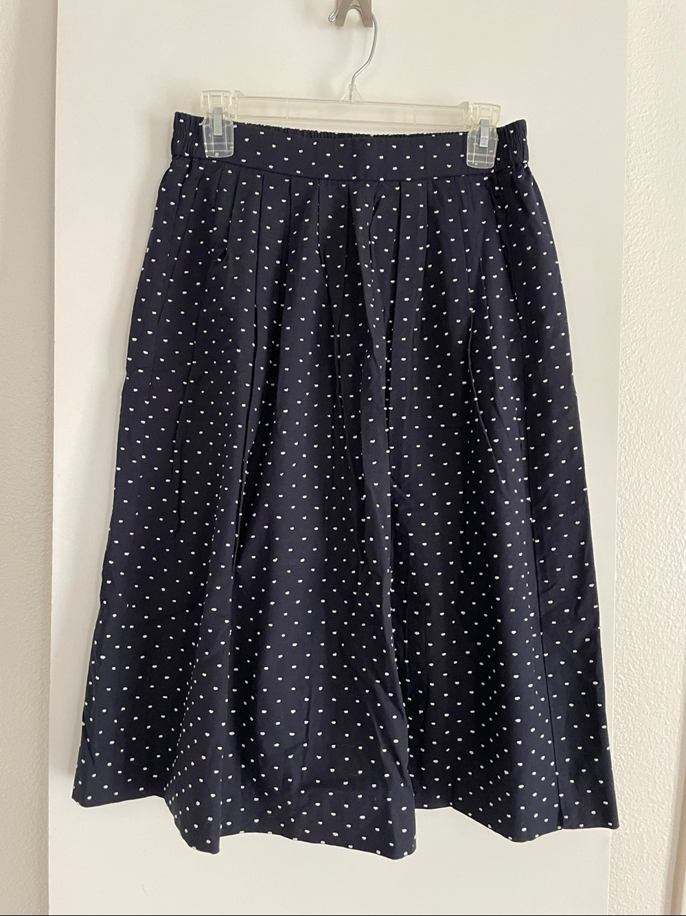 J. Crew Cotton A line Pleated Skirt Navy Blue/White Polka Dot NWOT!